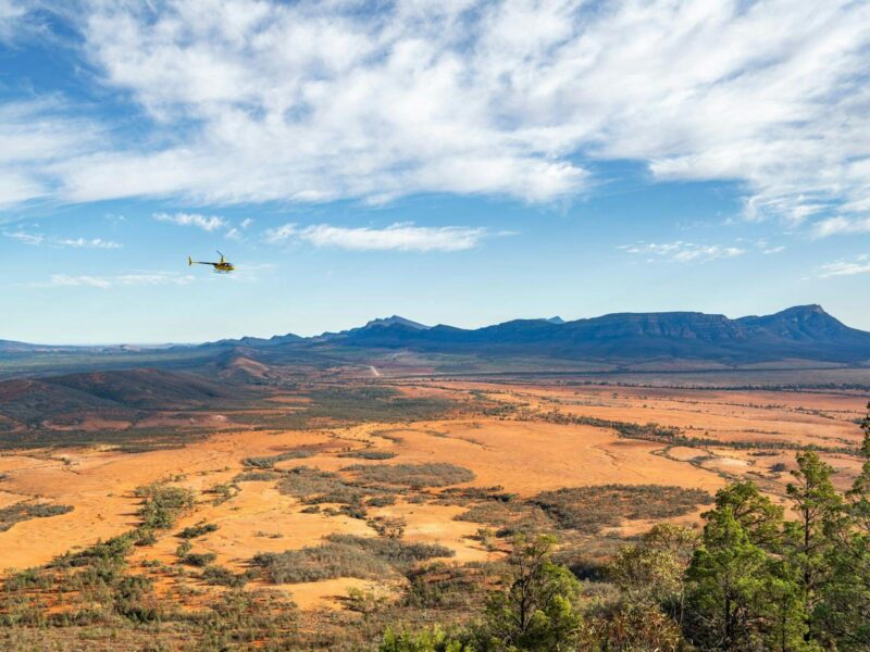 Aerial shot of a helicopter flight over Wilpena Pound